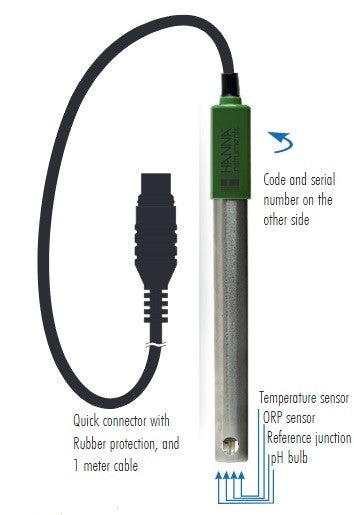 HI-12973 pH- och ORP-elektrod med titankropp och snabbkoppling för DIN-kontakt