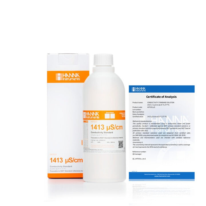 HI-7031L/C 1413 μS/cm konduktivitetslösning, 500 ml flaska med certifikat