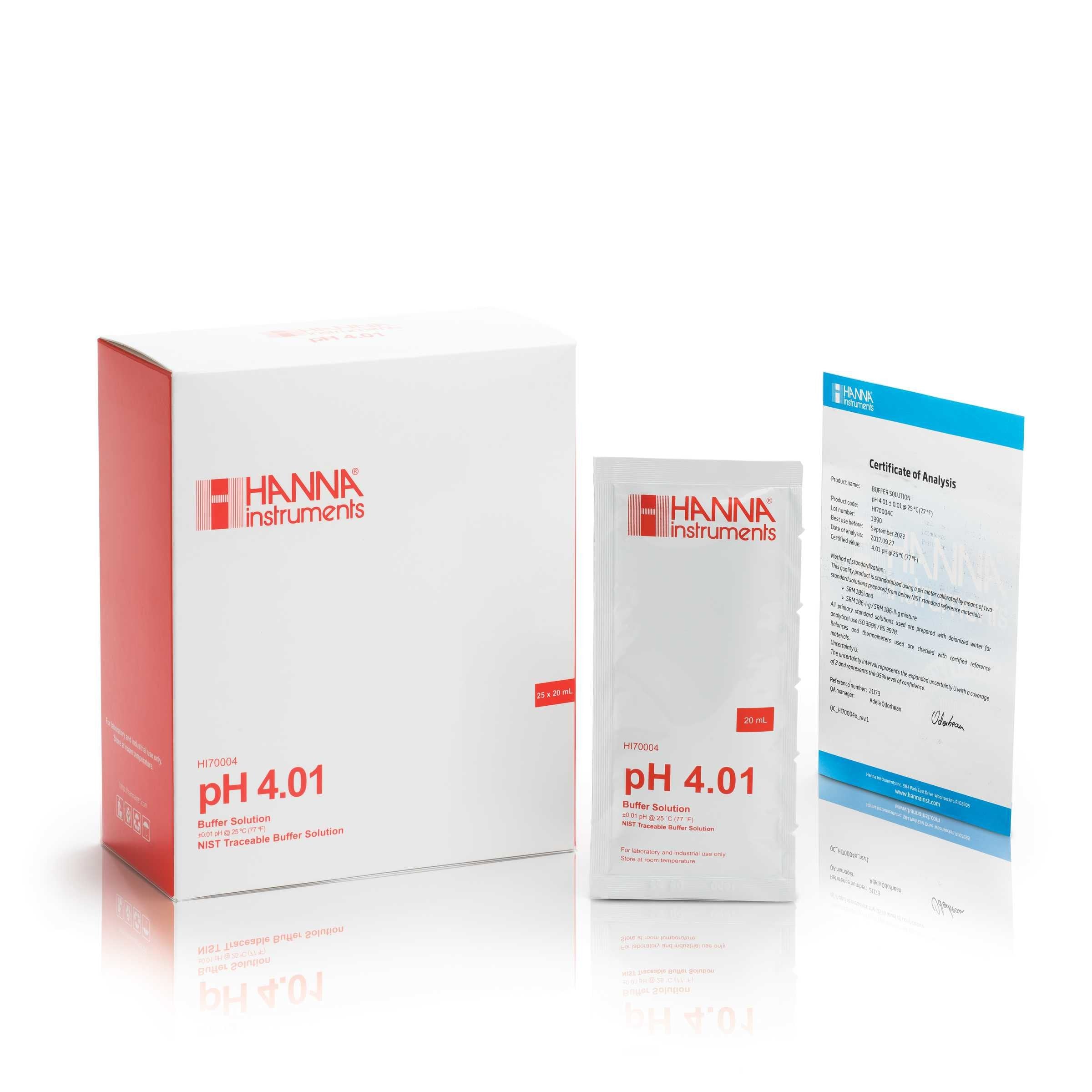 HI-70004C pH 4,01 buffertpåsar, 25 x 20 ml påsar och analysintyg