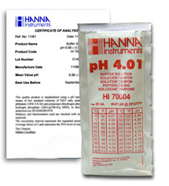 HI-70004C pH 4,01 buffertpåsar, 25 x 20 ml påsar och analysintyg