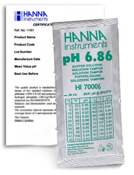 HI-70006C pH 6.86 Buffer Sachets,  25 x 20 mL sachets & certificate of analysis
