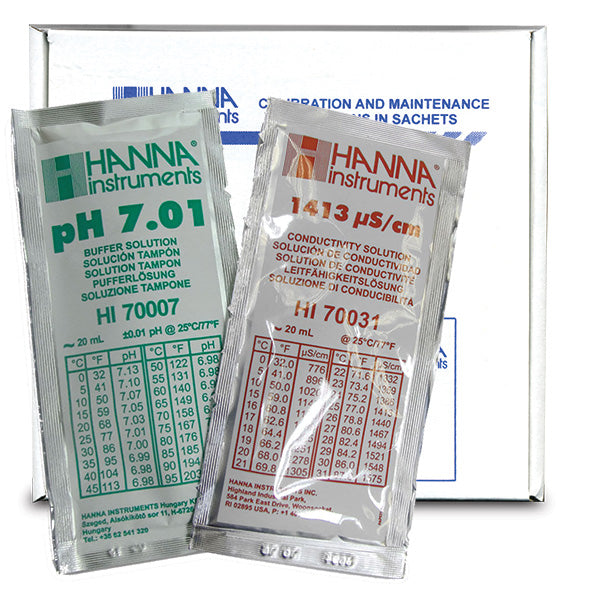 HI-77100P Combination pH/EC Buffer Kit 1413 uS/cm & 7.01 pH 10 x 10 sachets